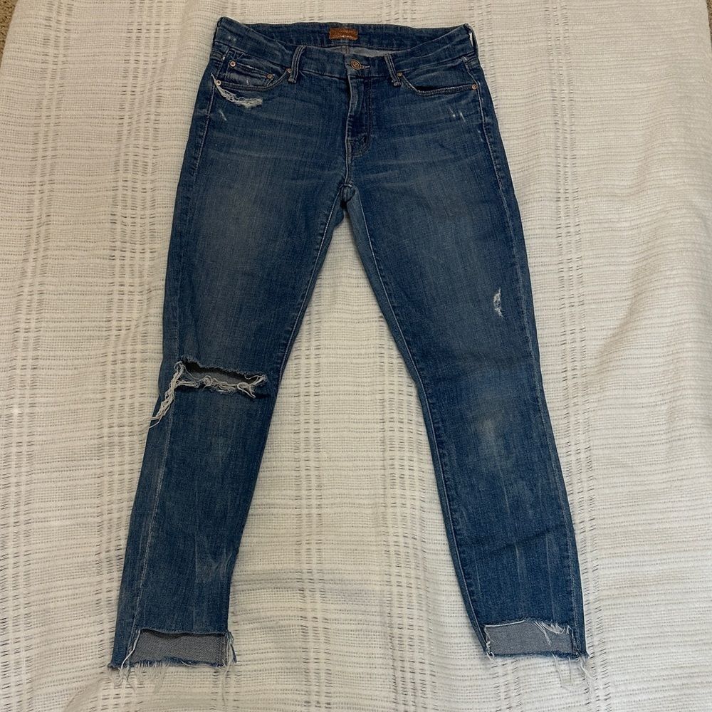 Mother The Looker Distressed Blue Jeans in Getting Rowdy